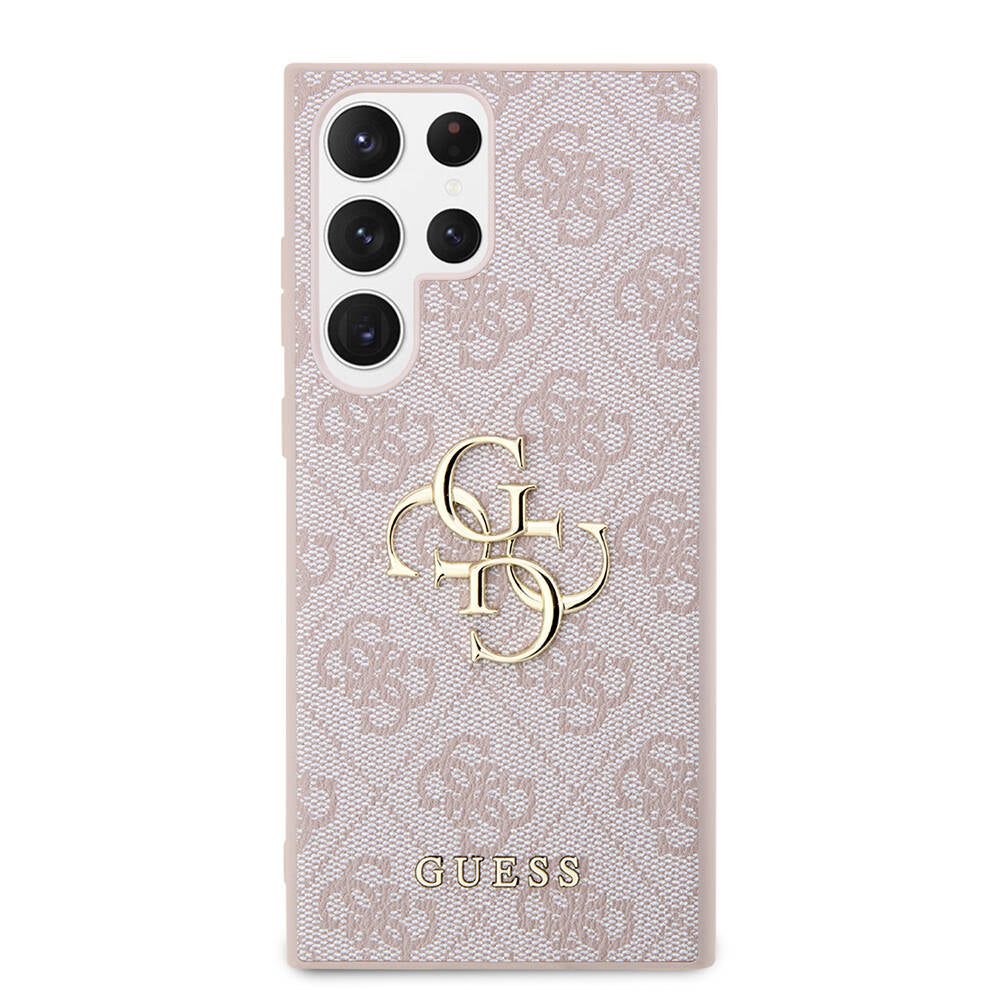 Galaxy S24 Ultra Kılıf Guess Orjinal Lisanslı PU Deri Yazı ve 4G Metal Logolu Desenli Kapak Siyah