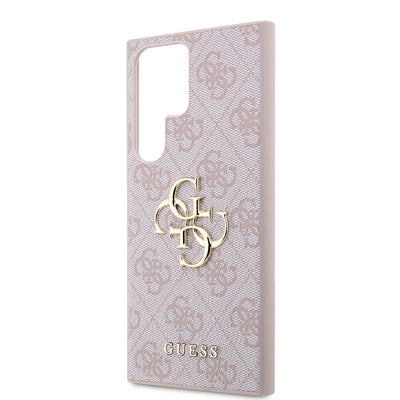 Galaxy S24 Ultra Kılıf Guess Orjinal Lisanslı PU Deri Yazı ve 4G Metal Logolu Desenli Kapak Pembe