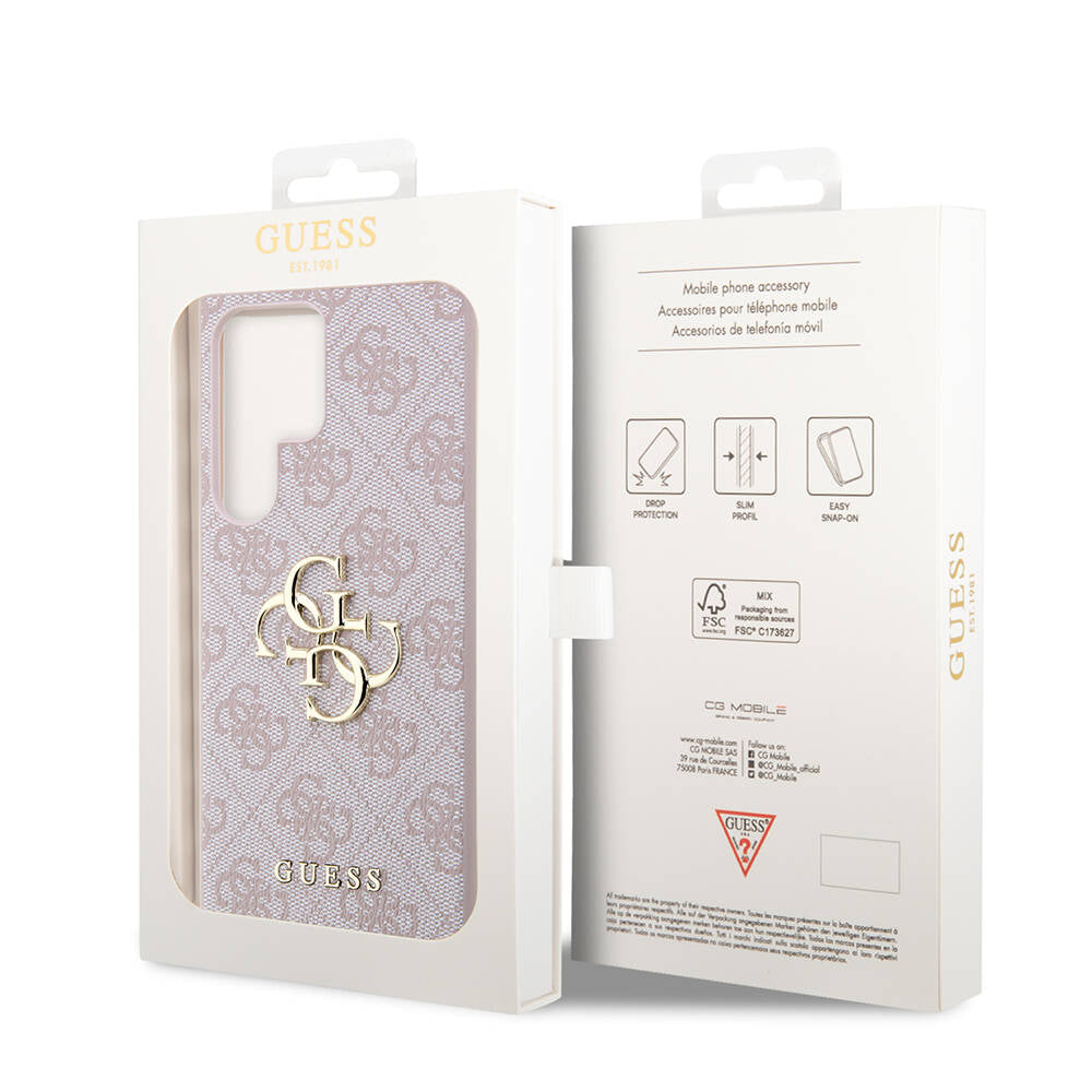 Galaxy S24 Ultra Kılıf Guess Orjinal Lisanslı PU Deri Yazı ve 4G Metal Logolu Desenli Kapak Pembe