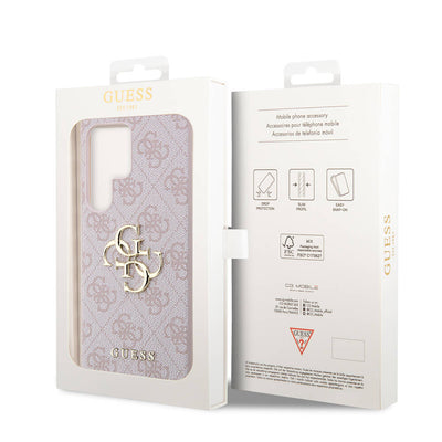 Galaxy S24 Ultra Kılıf Guess Orjinal Lisanslı PU Deri Yazı ve 4G Metal Logolu Desenli Kapak Pembe