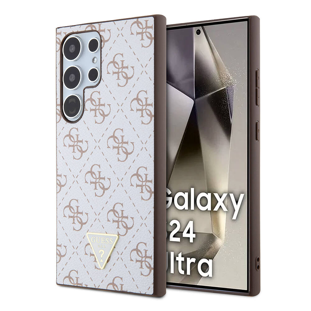 Galaxy S24 Ultra Kılıf Guess Orjinal Lisanslı PU Üçgen Logo 4G Desenli Kapak Beyaz