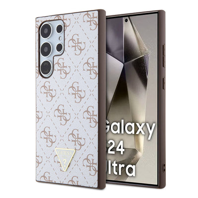 Galaxy S24 Ultra Kılıf Guess Orjinal Lisanslı PU Üçgen Logo 4G Desenli Kapak Beyaz