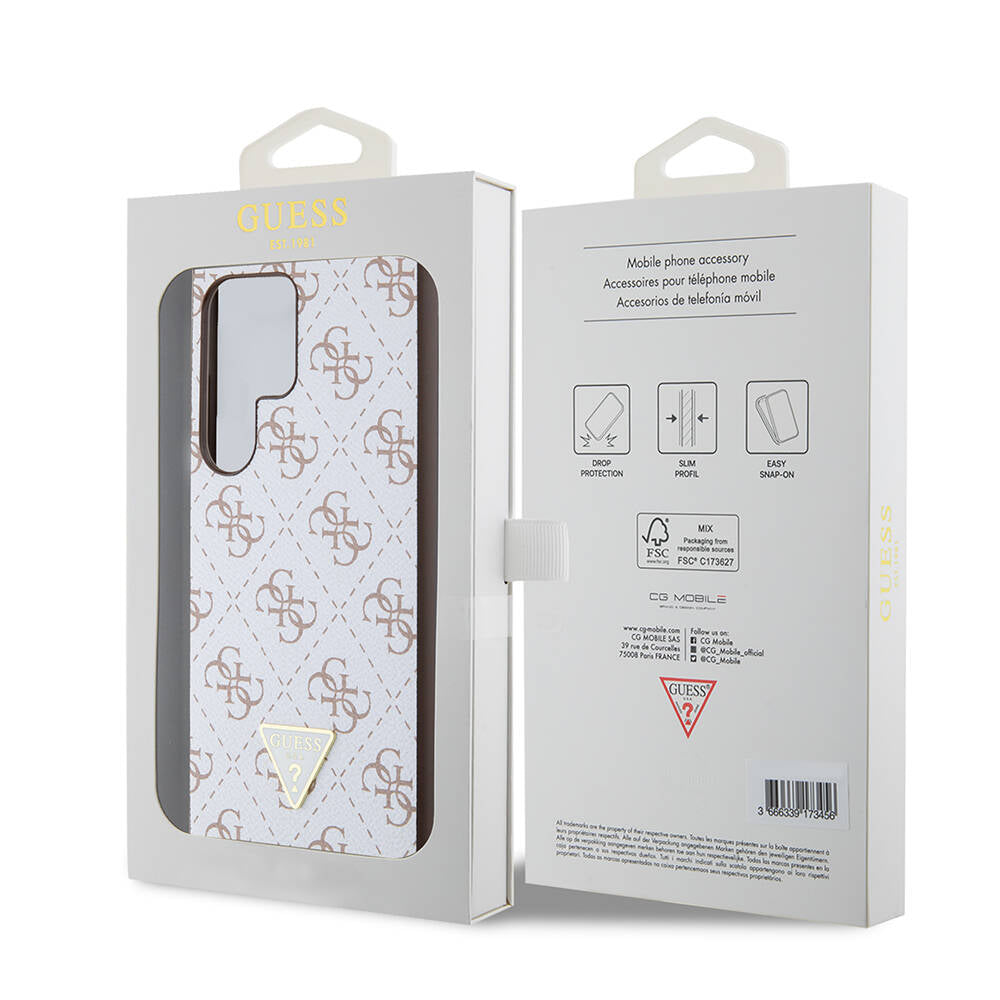 Galaxy S24 Ultra Kılıf Guess Orjinal Lisanslı PU Üçgen Logo 4G Desenli Kapak Beyaz