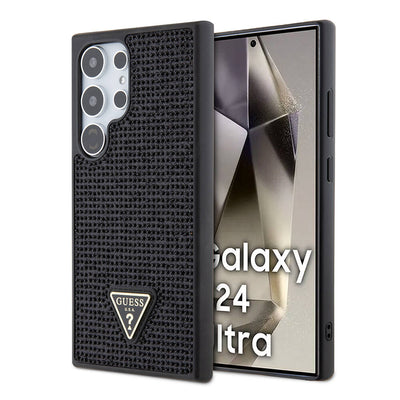 Galaxy S24 Ultra Kılıf Guess Orjinal Lisanslı Taşlı Arka Yüzey Üçgen Logolu Kapak Gold