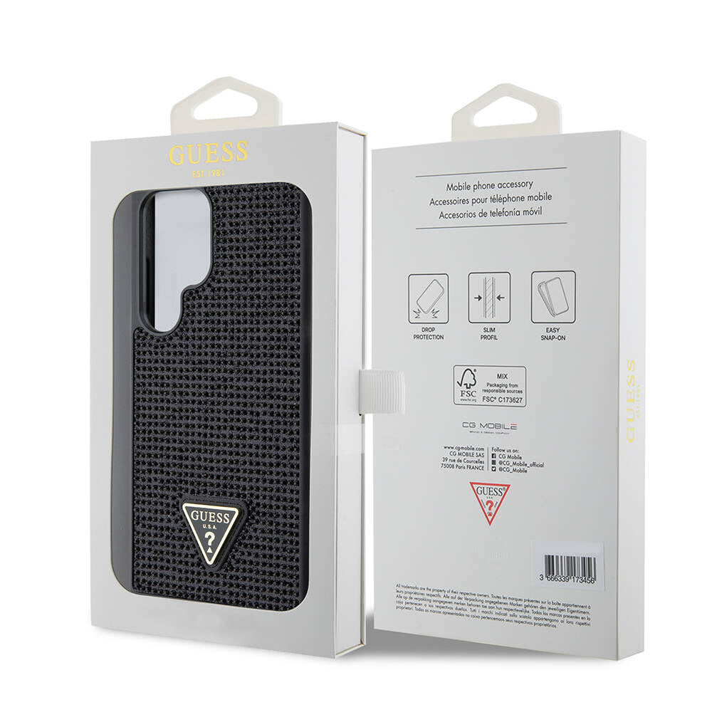 Galaxy S24 Ultra Kılıf Guess Orjinal Lisanslı Taşlı Arka Yüzey Üçgen Logolu Kapak Gümüş