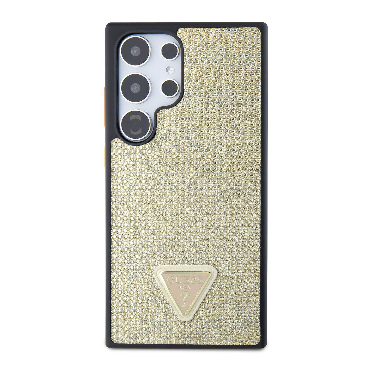 Galaxy S24 Ultra Kılıf Guess Orjinal Lisanslı Taşlı Arka Yüzey Üçgen Logolu Kapak Gold