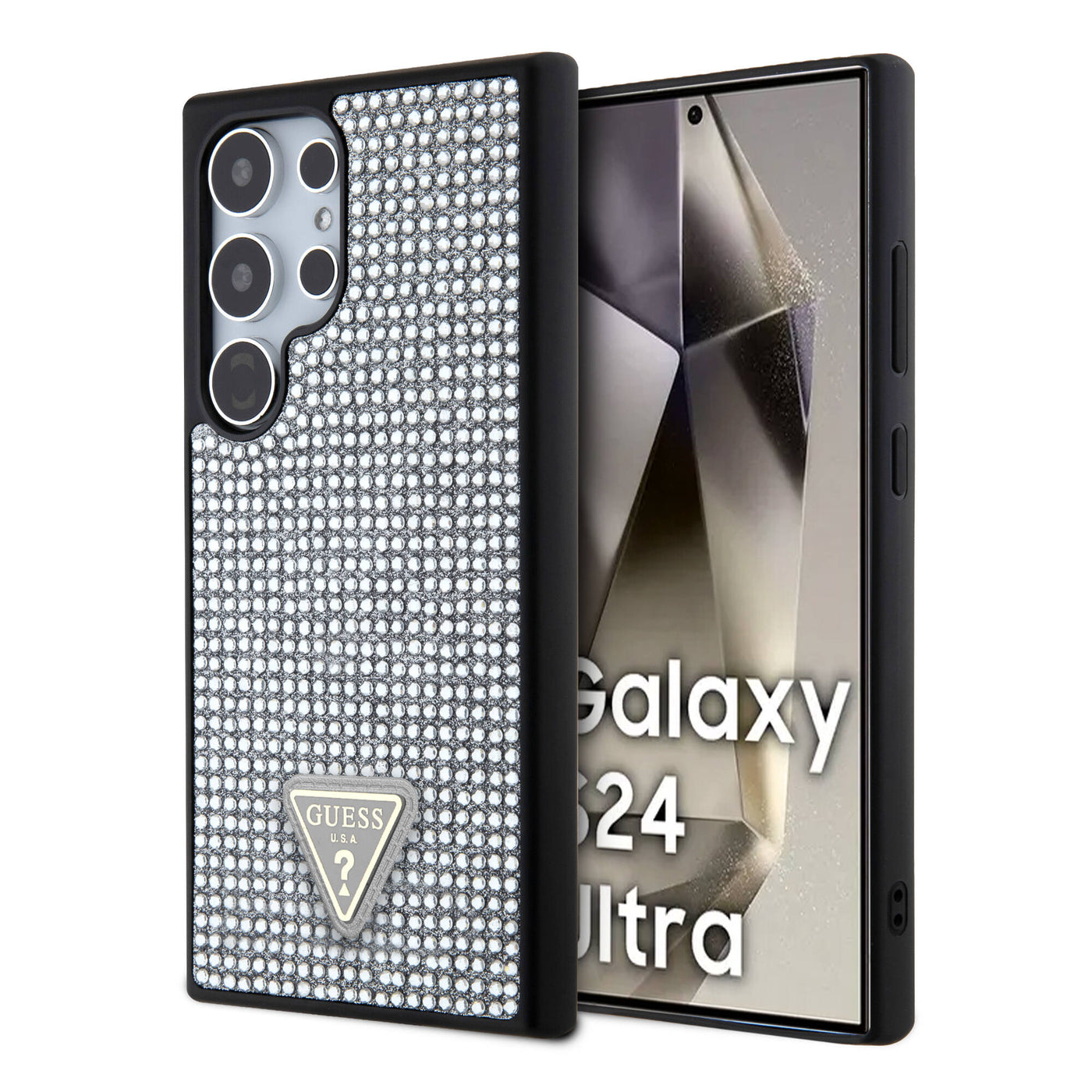 Galaxy S24 Ultra Kılıf Guess Orjinal Lisanslı Taşlı Arka Yüzey Üçgen Logolu Kapak Gümüş
