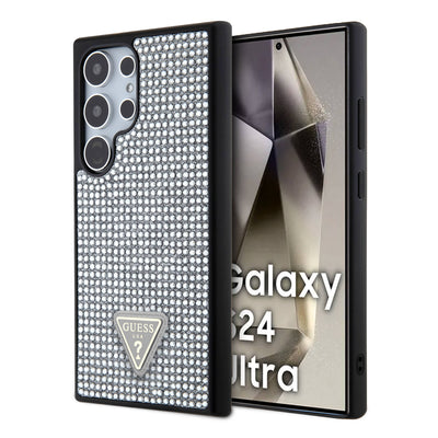 Galaxy S24 Ultra Kılıf Guess Orjinal Lisanslı Taşlı Arka Yüzey Üçgen Logolu Kapak Gümüş