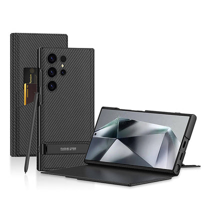 Galaxy S24 Ultra Kılıf Kamera Korumalı Karbon Tasarım Zore Droga Standlı Kartlıklı Kılıf