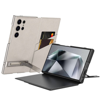 Galaxy S24 Ultra Kılıf Kamera Korumalı Suni Deri Tasarım Zore Droga Standlı Kartlıklı Kılıf