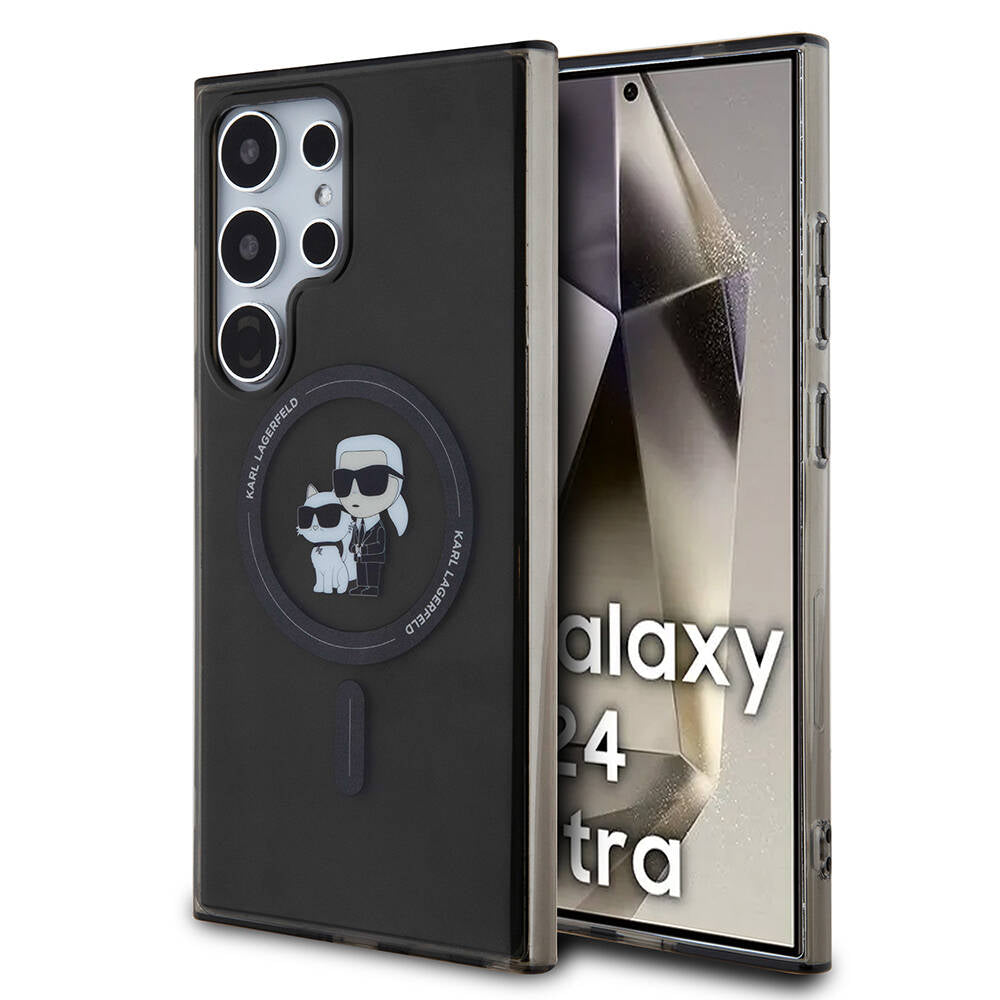 Galaxy S24 Ultra Kılıf Karl Lagerfeld Orjinal Lisanslı Magsafe Şarj Özellikli Karl & Choupette IML Baskılı Kapak Siyah