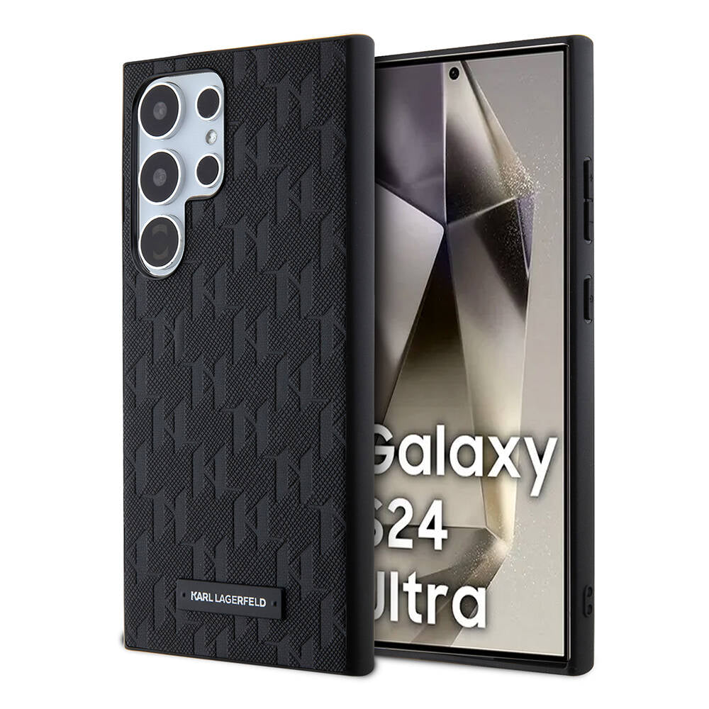 Galaxy S24 Ultra Kılıf Karl Lagerfeld Orjinal Lisanslı Saffiano Monogram Metal Logo Kapak Gri