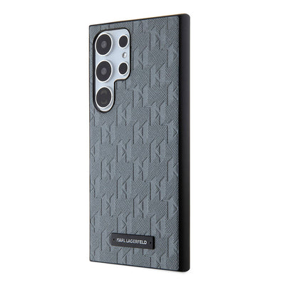 Galaxy S24 Ultra Kılıf Karl Lagerfeld Orjinal Lisanslı Saffiano Monogram Metal Logo Kapak Gri