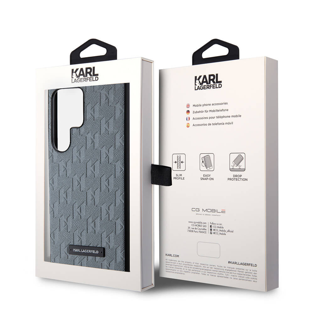 Galaxy S24 Ultra Kılıf Karl Lagerfeld Orjinal Lisanslı Saffiano Monogram Metal Logo Kapak Gri