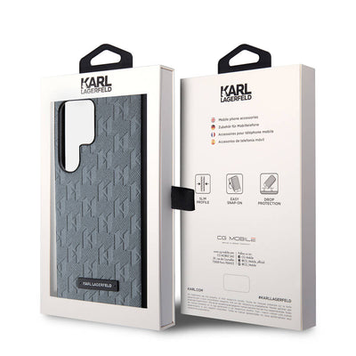 Galaxy S24 Ultra Kılıf Karl Lagerfeld Orjinal Lisanslı Saffiano Monogram Metal Logo Kapak Gri