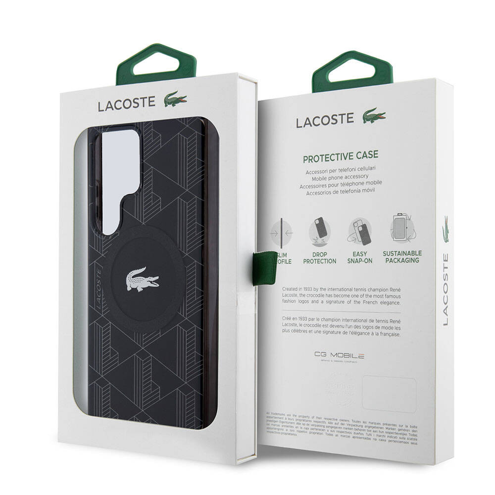 Galaxy S24 Ultra Kılıf Lacoste Orjinal Lisanslı Magsafe Şarj Özellikli Çift Katmanlı Timsah Logolu Blend Monogram Kapak Petrol Yeşil
