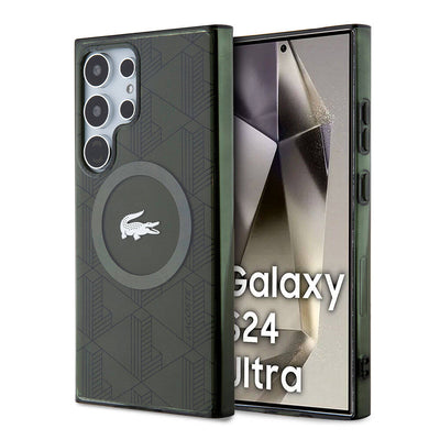 Galaxy S24 Ultra Kılıf Lacoste Orjinal Lisanslı Magsafe Şarj Özellikli Çift Katmanlı Timsah Logolu Blend Monogram Kapak Petrol Yeşil