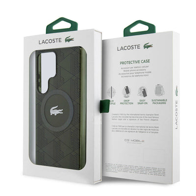 Galaxy S24 Ultra Kılıf Lacoste Orjinal Lisanslı Magsafe Şarj Özellikli Çift Katmanlı Timsah Logolu Blend Monogram Kapak Petrol Yeşil