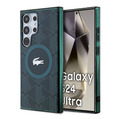 Galaxy S24 Ultra Kılıf Lacoste Orjinal Lisanslı Magsafe Şarj Özellikli Çift Katmanlı Timsah Logolu Blend Monogram Kapak Petrol Yeşil