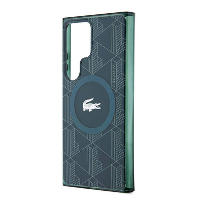 Galaxy S24 Ultra Kılıf Lacoste Orjinal Lisanslı Magsafe Şarj Özellikli Çift Katmanlı Timsah Logolu Blend Monogram Kapak Petrol Yeşil
