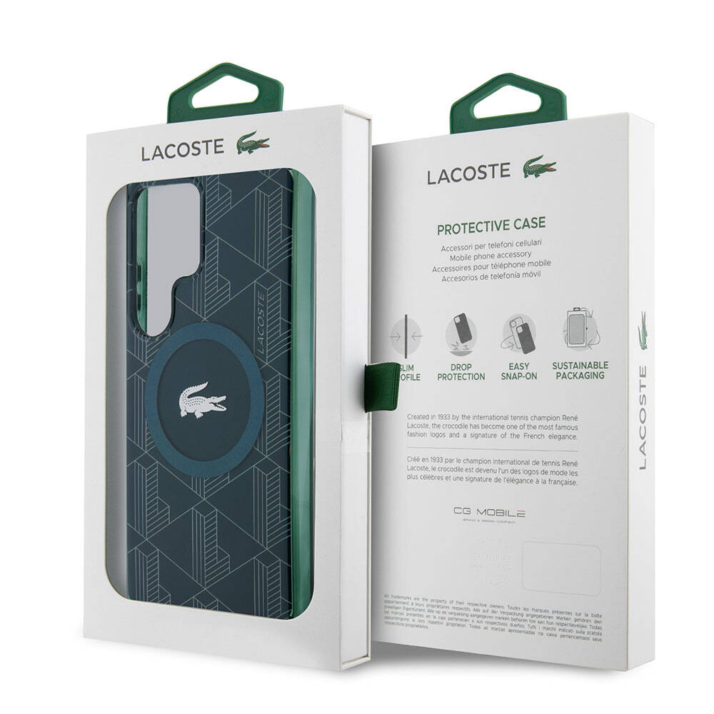 Galaxy S24 Ultra Kılıf Lacoste Orjinal Lisanslı Magsafe Şarj Özellikli Çift Katmanlı Timsah Logolu Blend Monogram Kapak Petrol Yeşil