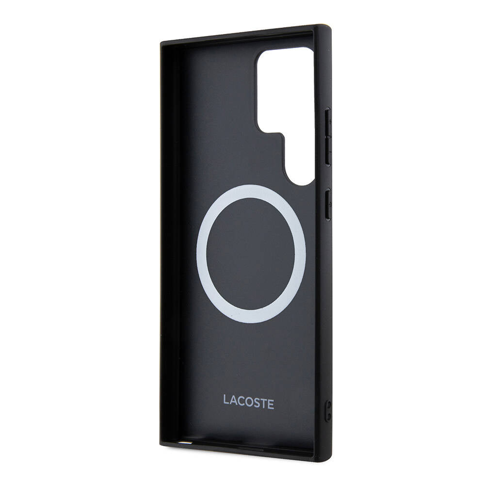 Galaxy S24 Ultra Kılıf Lacoste Orjinal Lisanslı Magsafe Şarj Özellikli PU Deri Görünümlü Karışık Monogram Desenli Kapak Lacivert