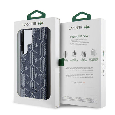 Galaxy S24 Ultra Kılıf Lacoste Orjinal Lisanslı Magsafe Şarj Özellikli PU Deri Görünümlü Karışık Monogram Desenli Kapak Lacivert