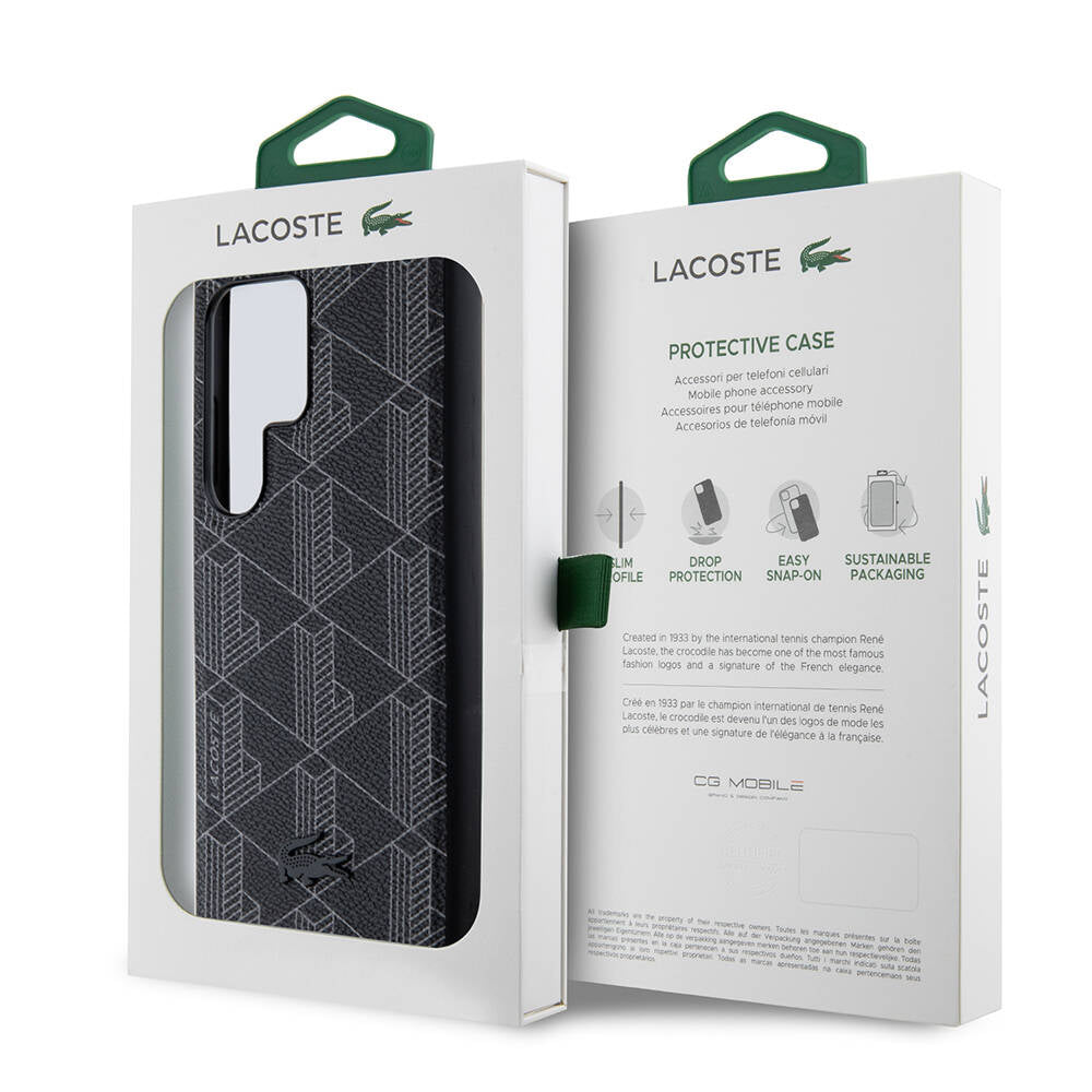 Galaxy S24 Ultra Kılıf Lacoste Orjinal Lisanslı Magsafe Şarj Özellikli PU Deri Görünümlü Karışık Monogram Desenli Kapak Lacivert