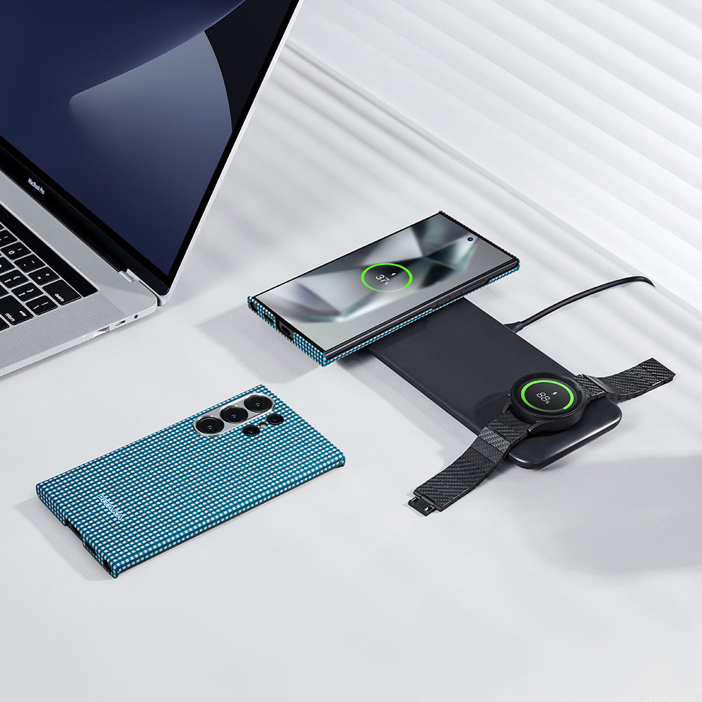 Galaxy S24 Ultra Kılıf M-safe Şarj Özellikli 1500D Aramid Fiber Pitaka Ultra-Slim Classic Serisi Ice Sea Kılıf