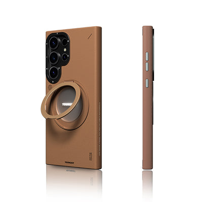 Galaxy S24 Ultra Kılıf M-safe Şarj Özellikli 360° Standlı Basit Mat Deri Desenli Youngkit Tech Leather Serisi Kapak Kahverengi
