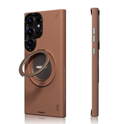 Galaxy S24 Ultra Kılıf M-safe Şarj Özellikli 360° Standlı Basit Mat Deri Desenli Youngkit Tech Leather Serisi Kılıf