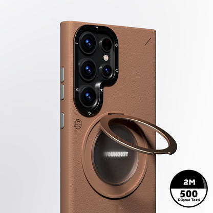 Galaxy S24 Ultra Kılıf M-safe Şarj Özellikli 360° Standlı Basit Mat Deri Desenli Youngkit Tech Leather Serisi Kılıf