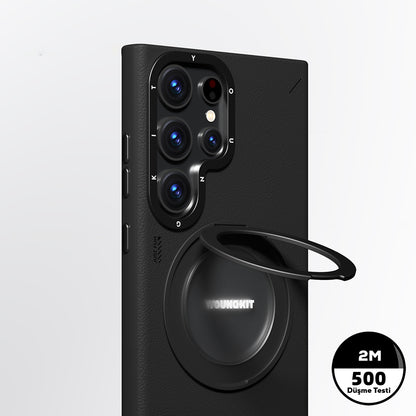 Galaxy S24 Ultra Kılıf M-safe Şarj Özellikli 360° Standlı Basit Mat Deri Desenli Youngkit Tech Leather Serisi Kılıf