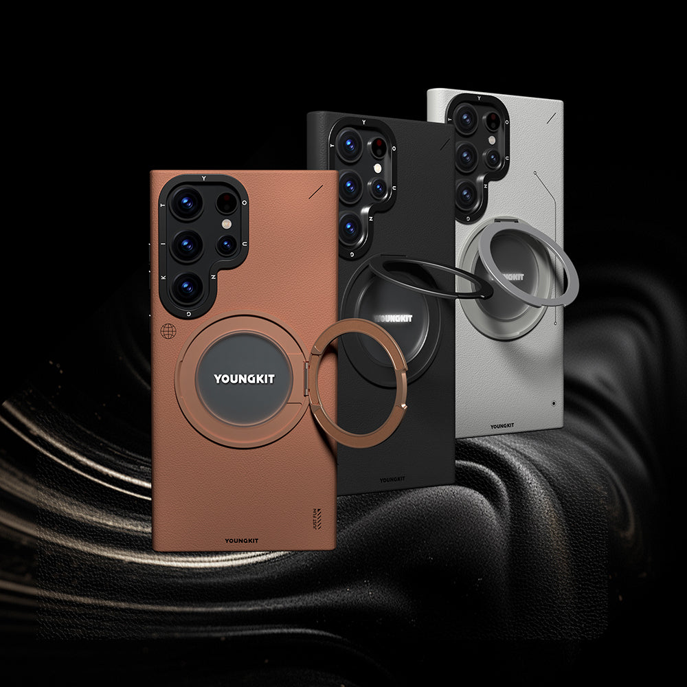 Galaxy S24 Ultra Kılıf M-safe Şarj Özellikli 360° Standlı Basit Mat Deri Desenli Youngkit Tech Leather Serisi Kılıf