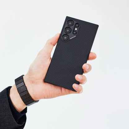 Galaxy S24 Ultra Kılıf M-safe Şarj Özellikli 600D Aramid Fiber Pitaka Ultra-Slim Classic Serisi Black-Grey Twill Kılıf