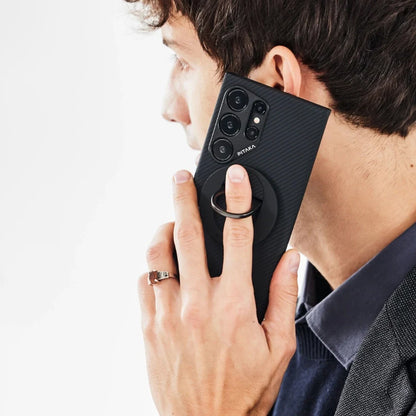 Galaxy S24 Ultra Kılıf M-safe Şarj Özellikli 600D Aramid Fiber Pitaka Ultra-Slim Classic Serisi Black-Grey Twill Kılıf