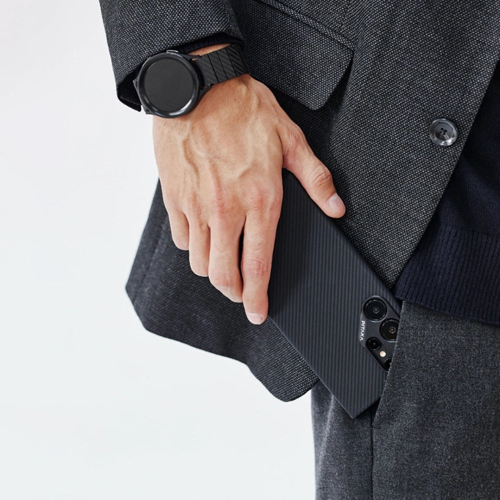 Galaxy S24 Ultra Kılıf M-safe Şarj Özellikli 600D Aramid Fiber Pitaka Ultra-Slim Classic Serisi Black-Grey Twill Kılıf