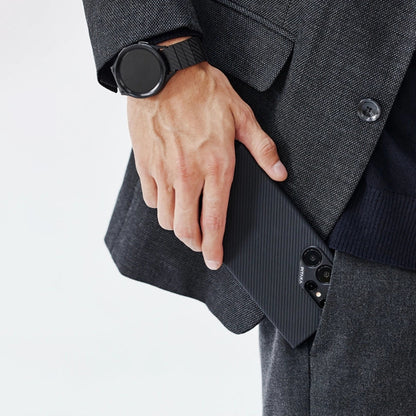 Galaxy S24 Ultra Kılıf M-safe Şarj Özellikli 600D Aramid Fiber Pitaka Ultra-Slim Classic Serisi Black-Grey Twill Kılıf