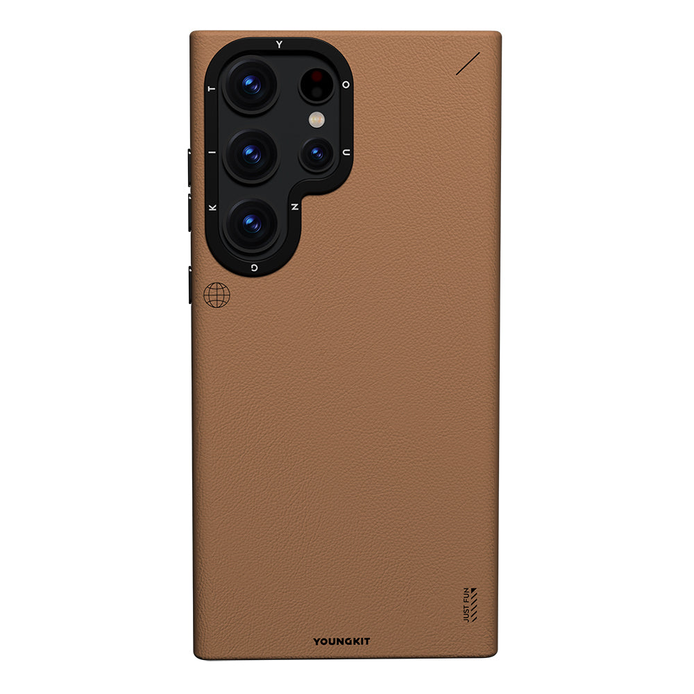 Galaxy S24 Ultra Kılıf M-safe Şarj Özellikli Basit Mat Deri Desenli Youngkit Tech Fashion Serisi Kapak Kahverengi