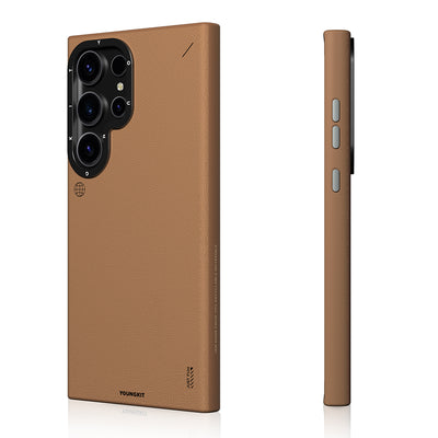 Galaxy S24 Ultra Kılıf M-safe Şarj Özellikli Basit Mat Deri Desenli Youngkit Tech Fashion Serisi Kapak Kahverengi
