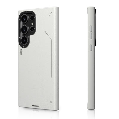 Galaxy S24 Ultra Kılıf M-safe Şarj Özellikli Basit Mat Deri Desenli Youngkit Tech Fashion Serisi Kapak Kahverengi
