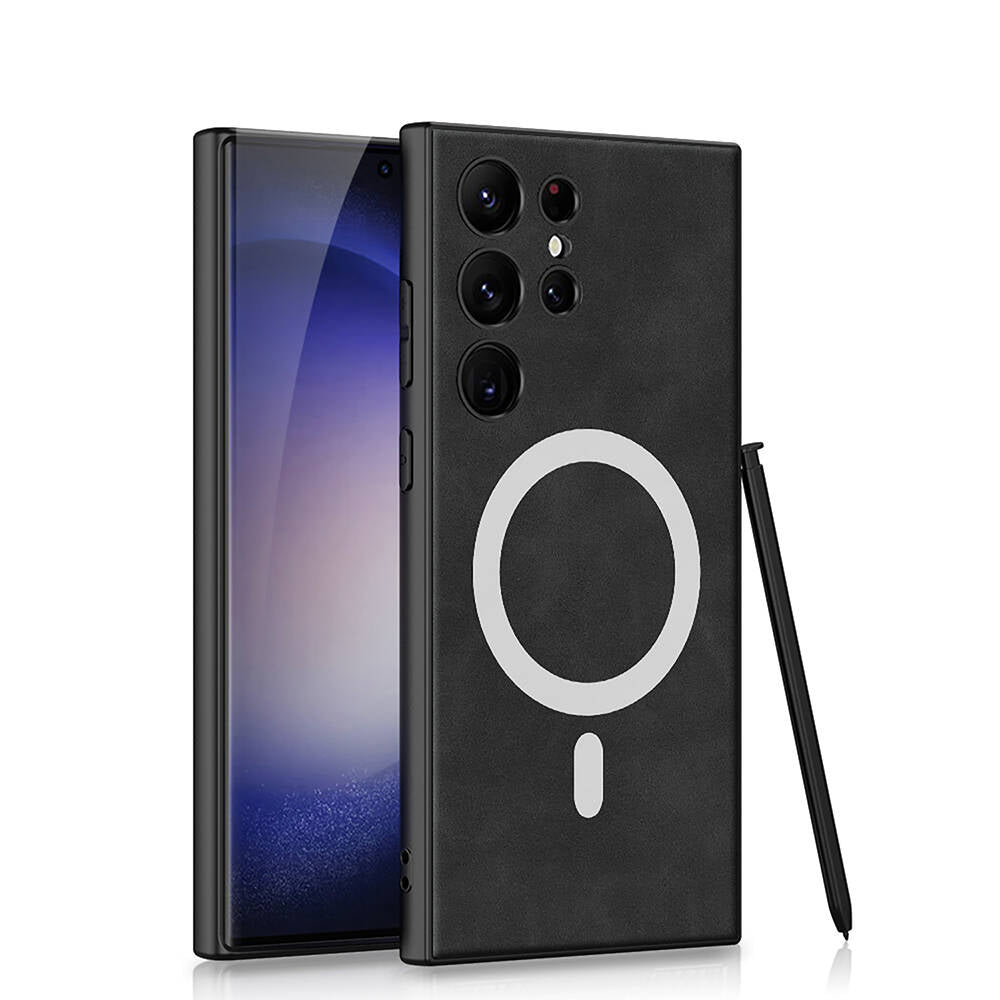 Galaxy S24 Ultra Kılıf M-safe Şarj Özellikli Deri Tasarımlı Zore Kıpta Nubuk Kılıf