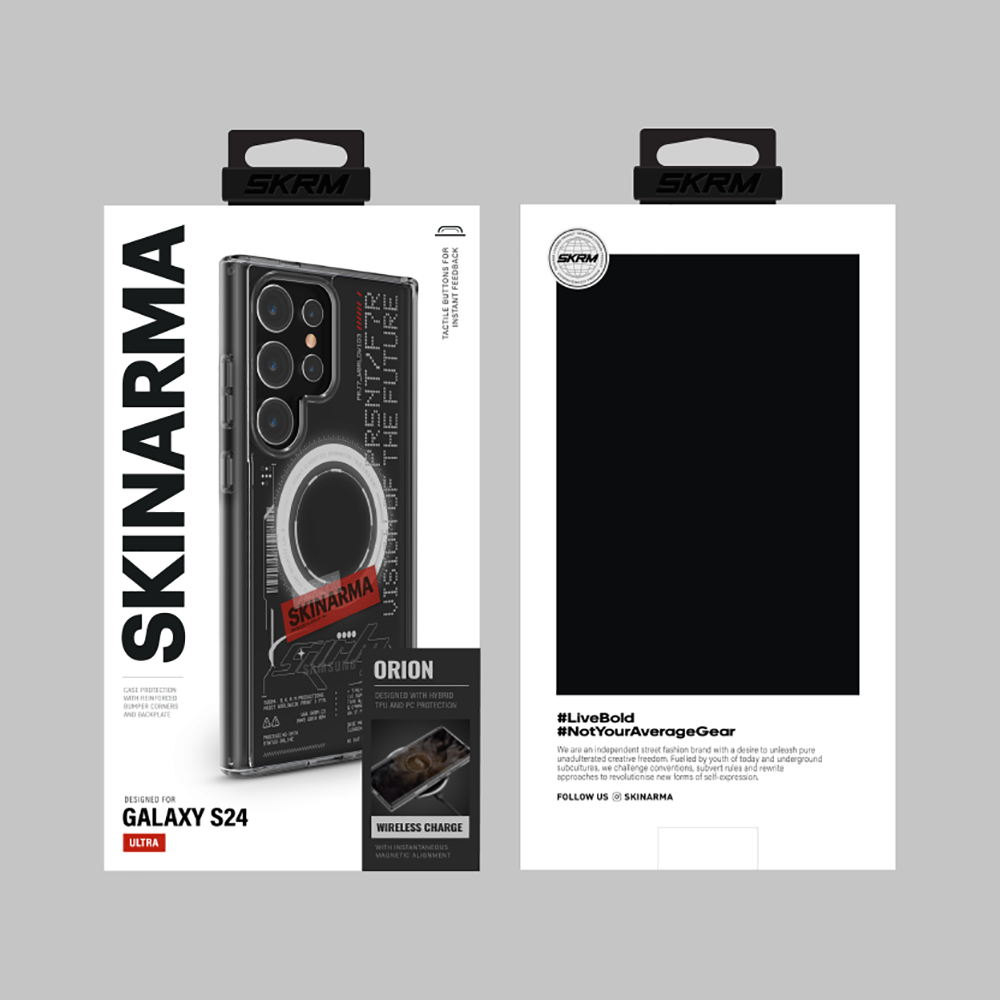 Galaxy S24 Ultra Kılıf SkinArma M-safe Şarj Özellikli Yazı Desenli Airbag Tasarımlı Orion Kılıf