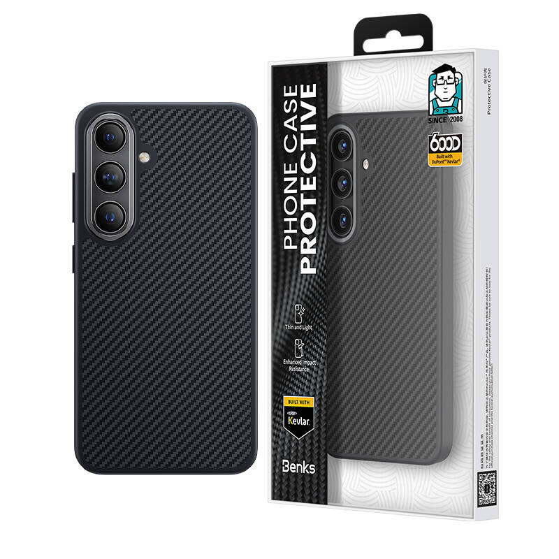 Galaxy S25 Kılıf Karbon Fiber M-safe Şarj Özellikli Benks Hybrid ArmorPro 600D Kevlar Kapak Siyah