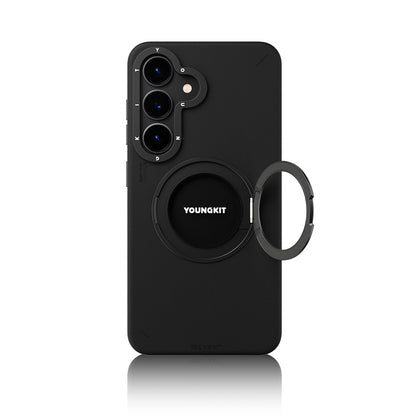 Galaxy S25 Kılıf M-safe Şarj Özellikli 360° Standlı Basit Mat Deri Desenli Youngkit Tech Leather Serisi Kılıf