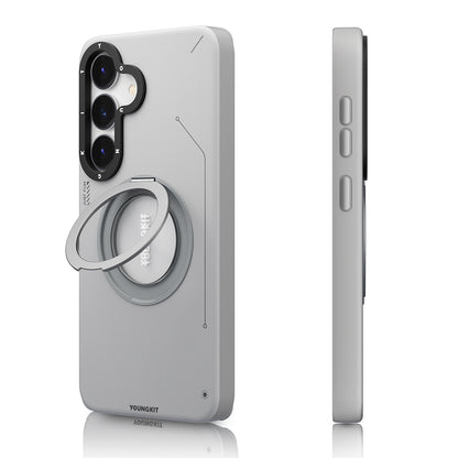 Galaxy S25 Kılıf M-safe Şarj Özellikli 360° Standlı Basit Mat Deri Desenli Youngkit Tech Leather Serisi Kılıf