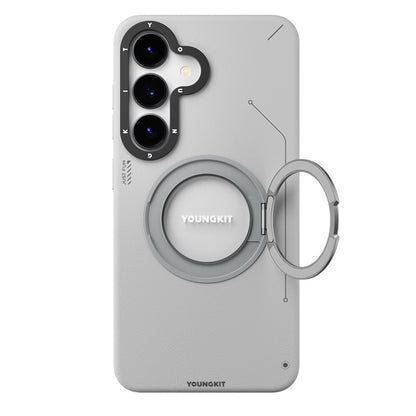 Galaxy S25 Kılıf M-safe Şarj Özellikli 360° Standlı Basit Mat Deri Desenli Youngkit Tech Leather Serisi Kılıf