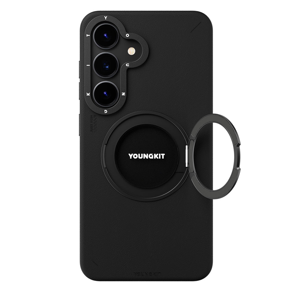 Galaxy S25 Kılıf M-safe Şarj Özellikli 360° Standlı Basit Mat Deri Desenli Youngkit Tech Leather Serisi Kılıf