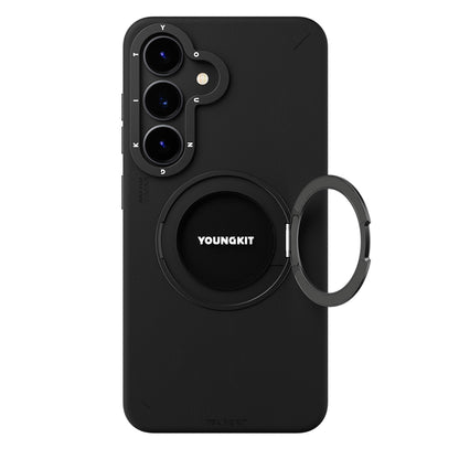 Galaxy S25 Kılıf M-safe Şarj Özellikli 360° Standlı Basit Mat Deri Desenli Youngkit Tech Leather Serisi Kılıf