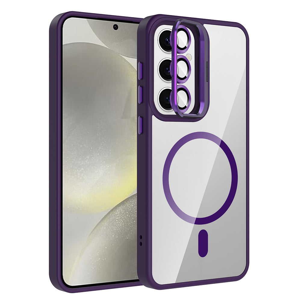 Galaxy S25 Kılıf Standlı ve Kamera Lens Hediyeli M-Safe Şarj Özellikli Zore Etro Kapak Lacivert